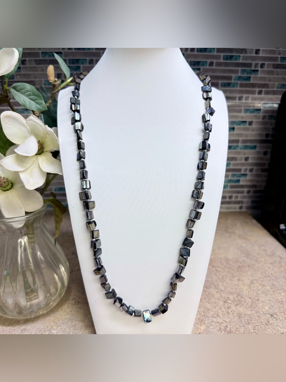 Vintage Square Cut Black Mother of Pearl Iridescent Necklace